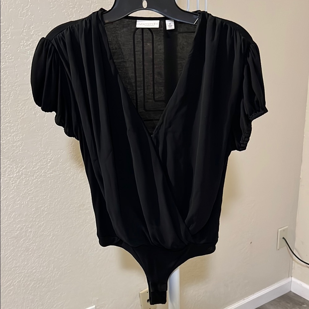 Eva Mendes Black Puff Sleeve Wrap Bodysuit